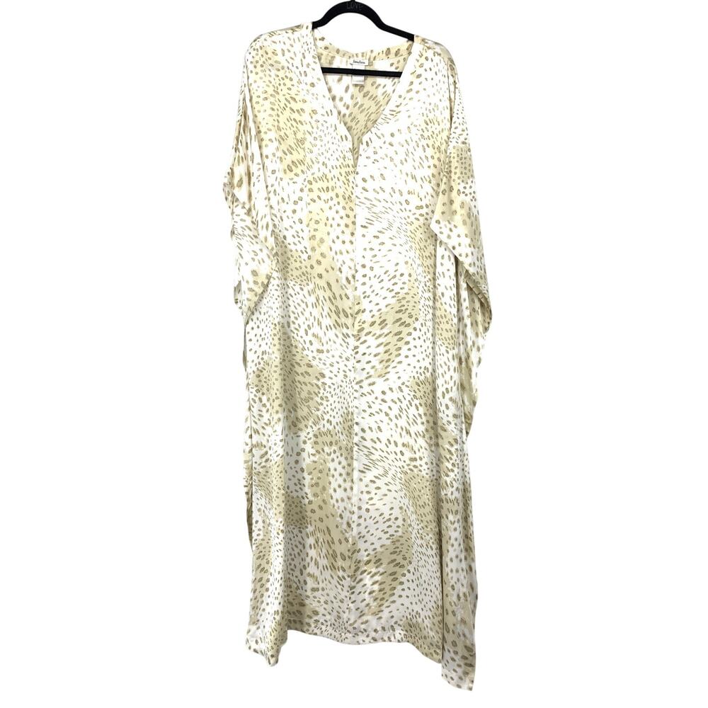 Neiman Marcus Silk Caftan Womens L Ivory Gold Animal Print Maxi Lounge Dress